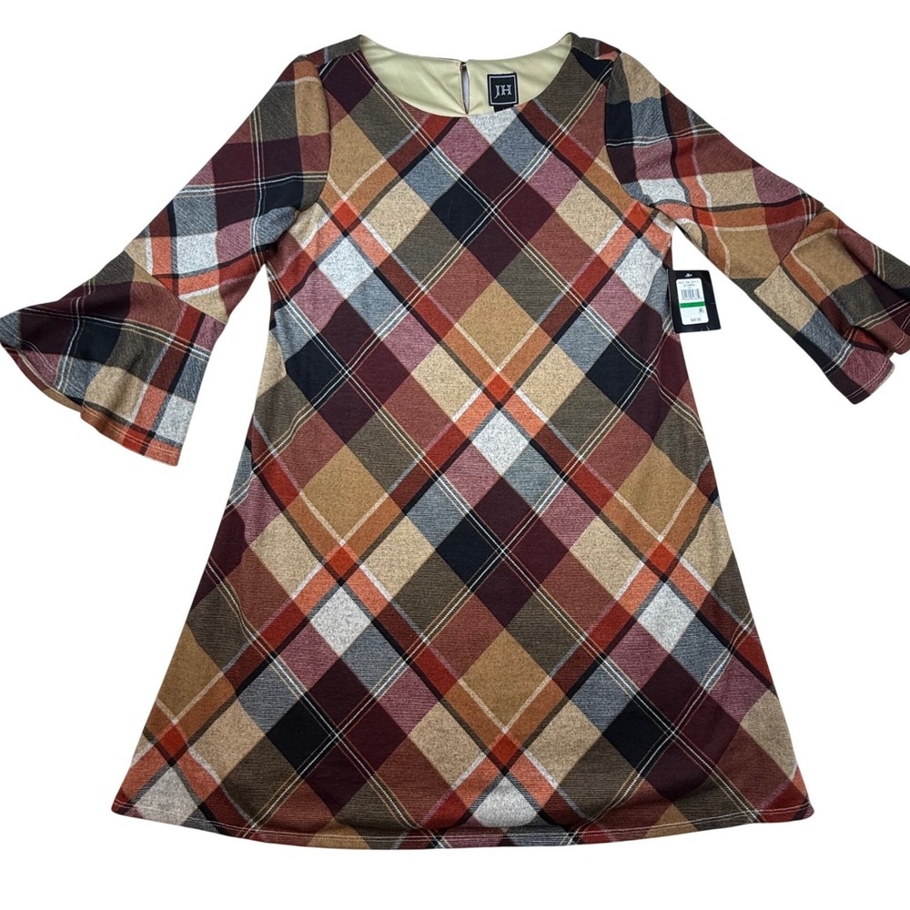 JH Womens Plaid dress Hacci  Knit Bell Sleeve Shift L NEW cozy academia mod‎